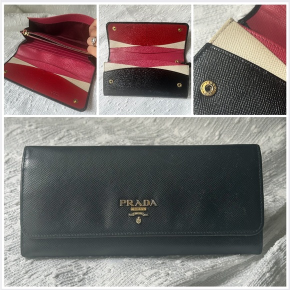 Prada Black cream Pink Red Burgundy Wine Saffiano Leather Color Block wallet - Picture 2 of 16